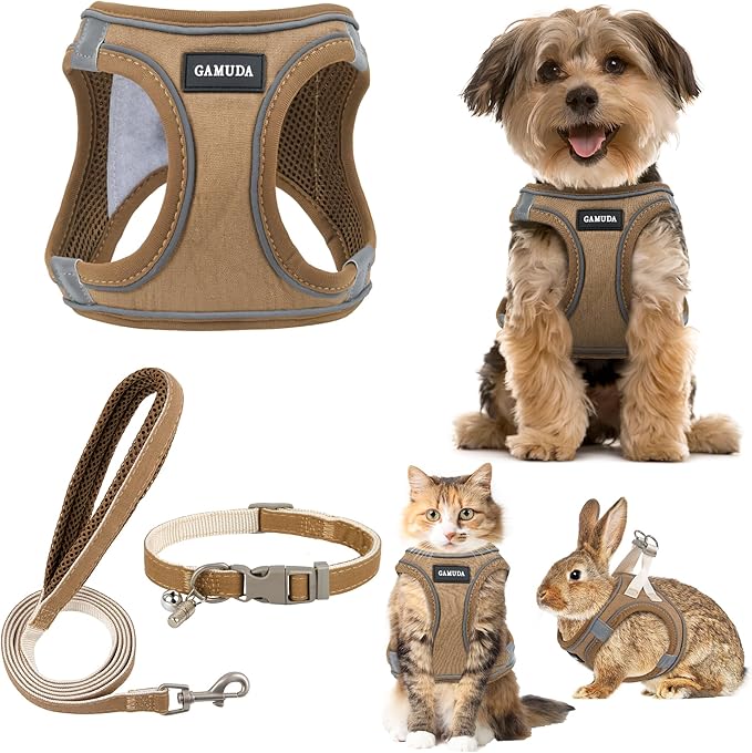 GAMUDA Small Pet Harness Collar and Leash Set, Step in No Chock No Pull Linen Fabric Soft Mesh Dog Vest Harnesses Reflecti...