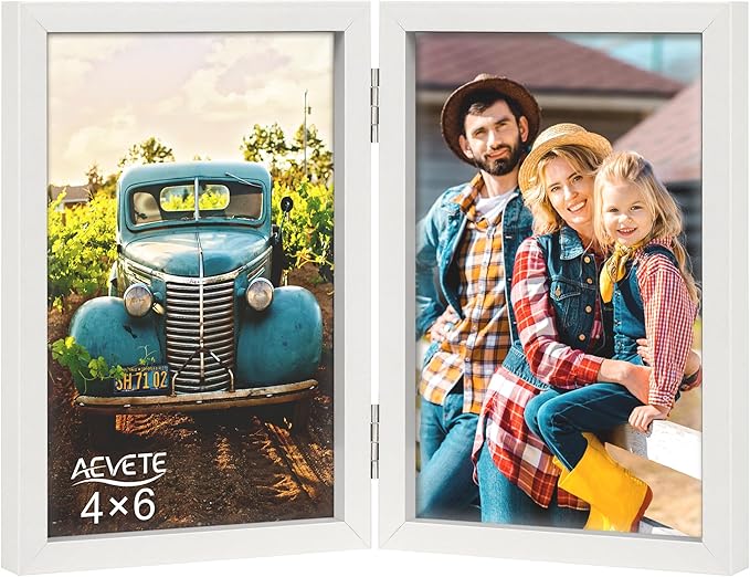AEVETE 4x6 Picture Frames Double Hinged Wood Folding Photo Frames Vertical with Plexiglass Front, White