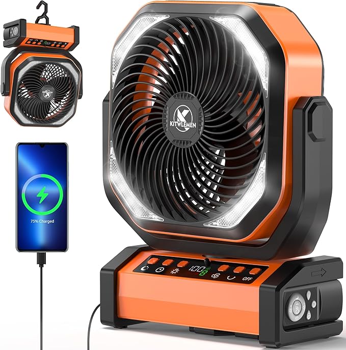 Camping Fan with Light - 20000mAh Rechargeable Battery Fan, 112Hrs Max Run Time, 8 Speeds, Digital Display, Timer, Auto Os...