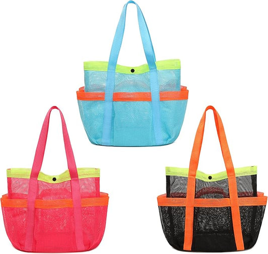 GQIRIL Mesh Beach Bag, Foldable Waterproof Sandproof Beach Storage Tote with 6 Pockets, Swim Tropical Vacation Pool Essential