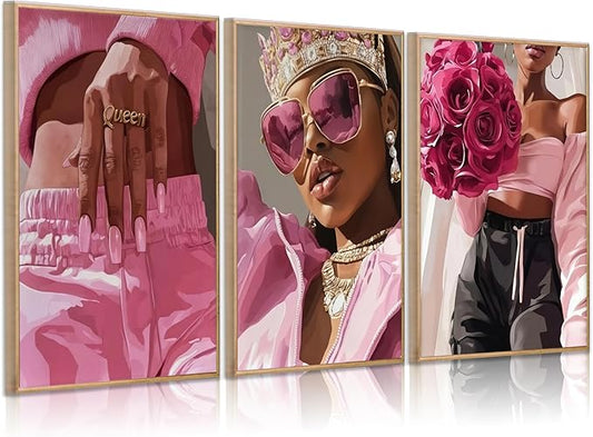 3Pcs Pink Fashion Black Woman Canvas Wall Art African American Women Wall Decor Funky Black Girl Posters prints Abstract F...