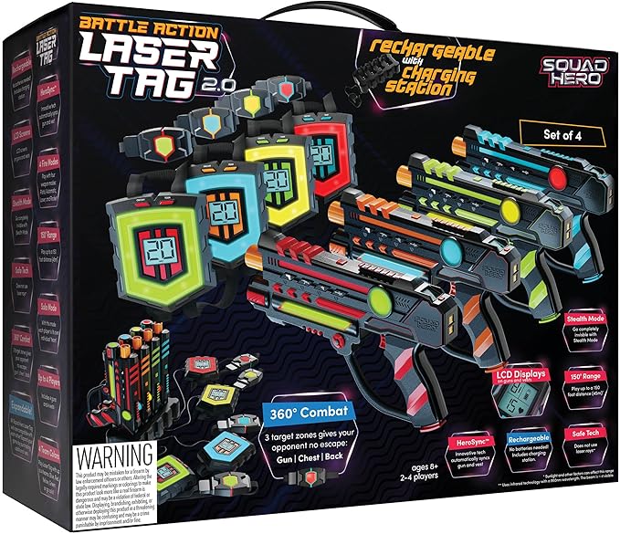 Squad Hero Rechargeable Laser Tag 360° Sensors + LCDs - Set of 4 - Easter Gift Ideas for Kids Teens and Adults Boys & Girl...