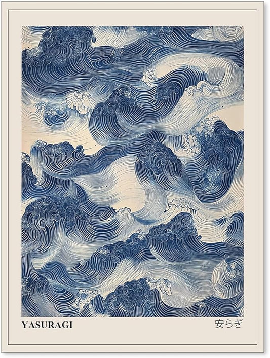 Japanese Blue Waves Wall Art Vintage Oriental Japandi Wabi Sabi Poster Abstract Giant Waves Canvas Prints for Minimalist L...
