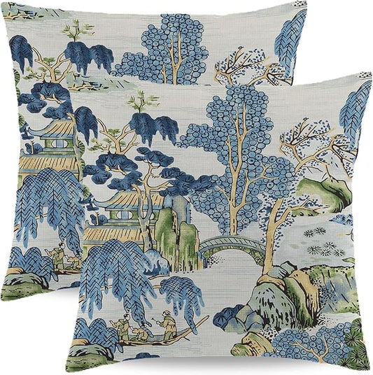 HYZUIMEI Chinoiserie Throw Pillow Covers 18 x 18 Inch Set of 2 Vintage Blue and Green Farmhouse Decorative Cushion Cover A...