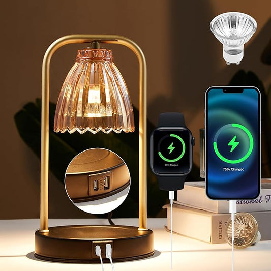 CATY&KITTEN Candle Warmer Lamp with Timer & Dimmer, Table lamp with USB and Type C Output,Dimmable Wax Melt Warmer with 2...