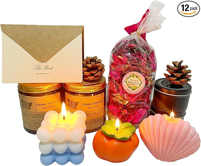 Scented Candles Gift for Women, 12 Pcs Candles & Greeting Card Set for Women, Aromatherapy Soy Wax Candles Gift Set for Bi...