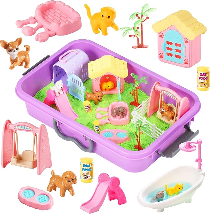 Carolart Pet Sensory bin,Dog and Cat Sandbox for Kids,Kids Play Sand Kit,Pet Play Set with Sensory Sand,Pet Care Play Set,...