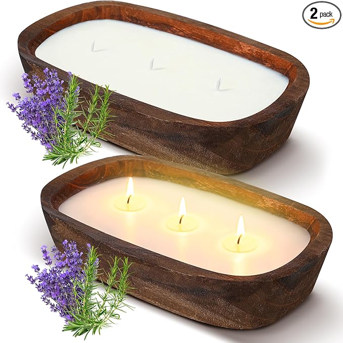 Threlaco 2 Pack Wood Dough Bowl Candle Jar Candle Decorative with Wick Scented Candles Soy Gifts for Men Women Farmhouse T...