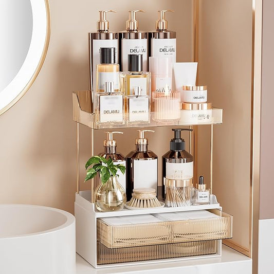Delamu Bathroom Organizers and Storage, 2 Tier 2 Drawer Makeup Organizer Countertop, Easy to Install, Ideal for Bathroom C...