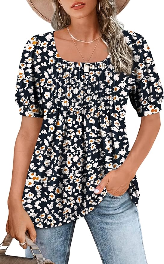 Zwurew Women's Summer Casual Puff Short Sleeve T-Shirts Square Neck Pleated Flowy Trendy Tunic Tops for Leggings S-2XL
