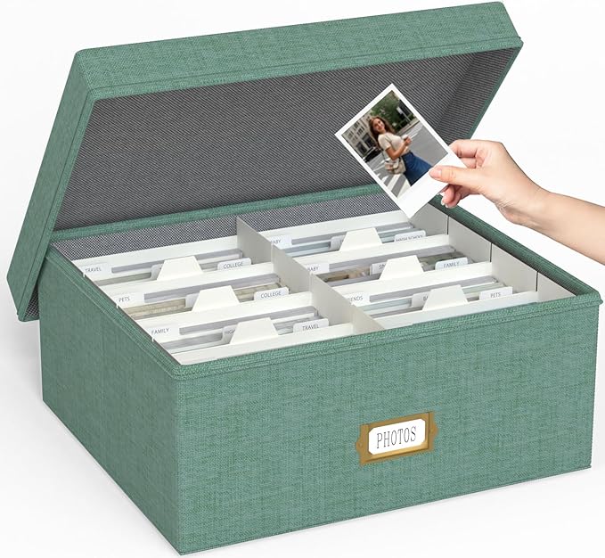 Decorative Photo Storage Box - Linen Photo Box Organizer with Dividers, Fits Holds Up to 1700 Pictures and 4x6 Photos, Mem...