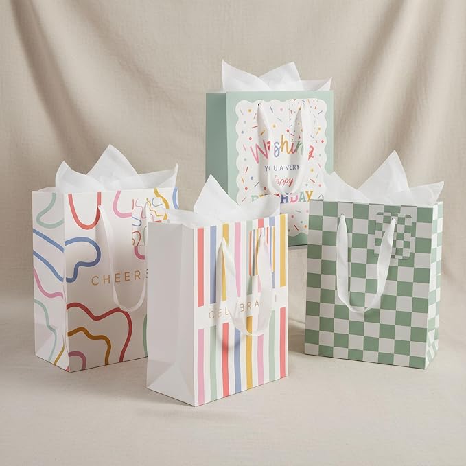 Beautiful Gift Bags Set of 4 - Medium Sized 9" Bags with Handles incl. Matching Tissue Paper, Cards & Small Stickers - Reu...