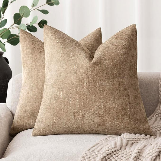 Foindtower Pack of 2 Textured Chenille Throw Decorative Pillow Covers Square Accent Solid Cushion Cover Neutral Farmhouse ...