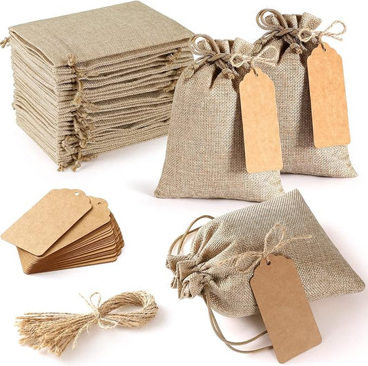 25Set Reusable Burlap Gift Bags with Drawstring, 4x6" Small Party Favor Gift Bags + Bonus Gift Tags & String, Brown Linen ...