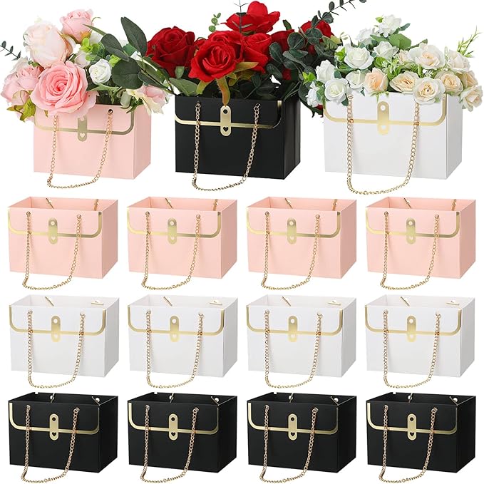Lincia 12 Pcs Mother's Day Pink White Black Flower Box Wedding Flower Paper Gift Bag Bouquet Boxes with Handle Boxes for A...