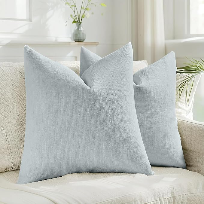HAUSSY Dusty Blue Throw Pillow Covers 18x18 Inch Set of 2,Boho Decorative Faux Linen Throw Pillows Cozy Farmhouse Accent C...