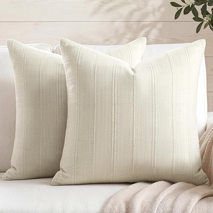 NOVILYS Decorative Linen Textured Throw Pillow Covers, 20x20 Inch Set of 2 Cotton Blend Striped Pillow Cases, Neutral Boho...