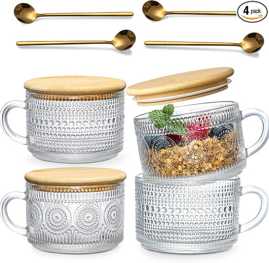 4pcs Set Vintage Coffee Mugs gifts for women, Overnight Oats Containers with Bamboo Lids and Spoons - 14oz Clear Embossed ...