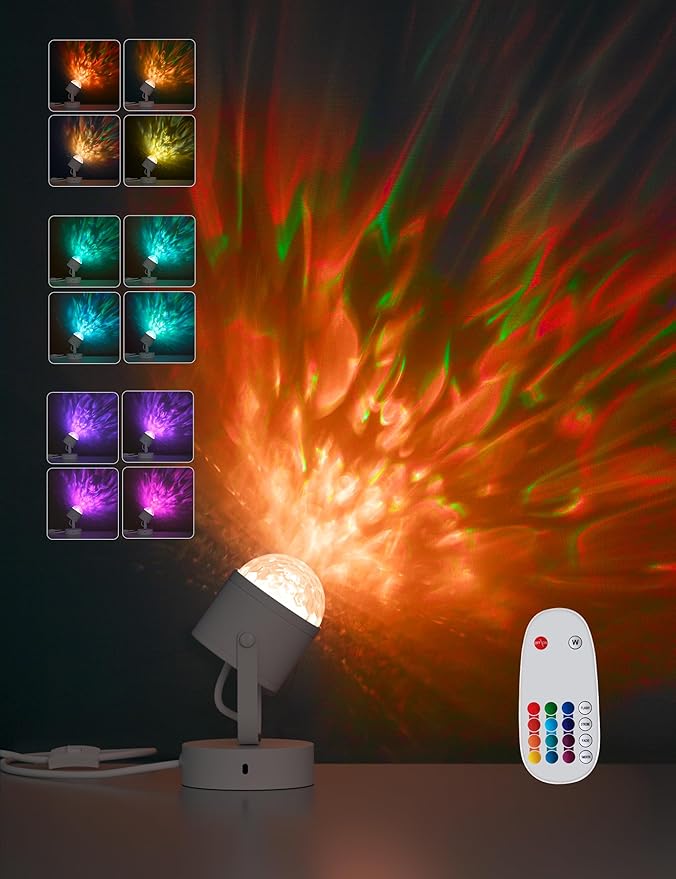 Joyzy Plug-in Dynamic Ocean Wave Table Lamp with Remote Water Ripple Night Light Projector for Room Party Decoration, Colo...
