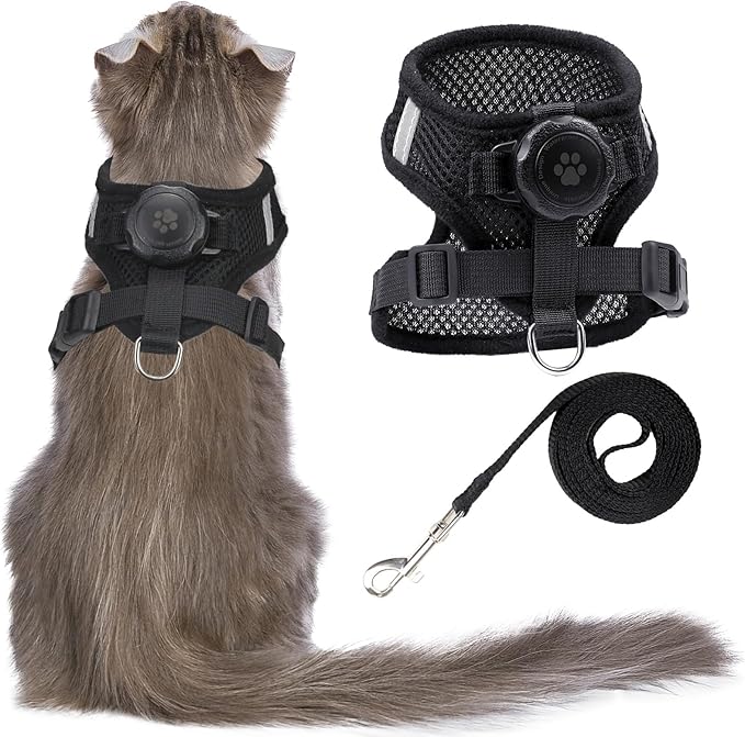 AirTag Cat Harness and Leash for Walking, Integrated Cat Vest with 100% Waterproof Air Tag Holder, Escape Proof Reflective...