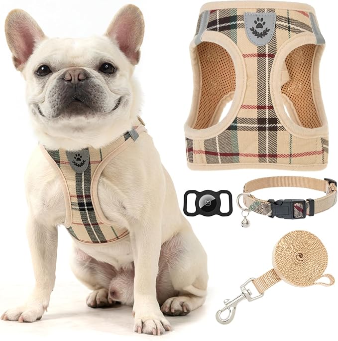 EXPAWLORER Plaid Small Dog Harness and Leash Set with AirTag Holder - No Pull Soft Padded Step in Dog Vest Harness Medium ...