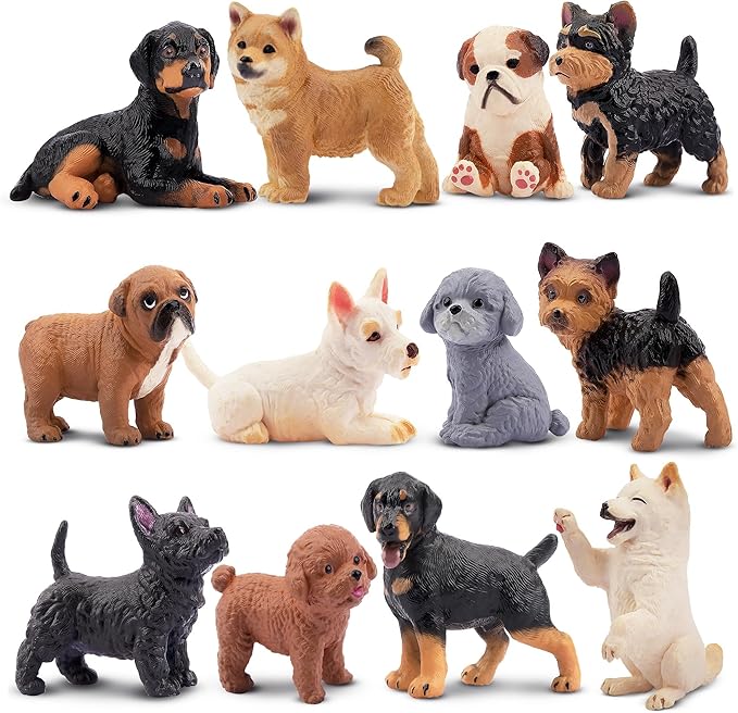 EYSCOTA 12PCS Dog Figurines, Realistic Plastic Puppy Figurines, Hand Painted Emulational Tiny Dogs Animals Toy, Dog Cake T...