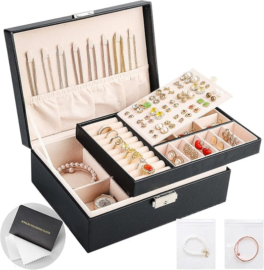 Sanikeon Jewelry Boxes for Women Girls 2 Layers leather Jewelry Organizer Case with Lock Storage Box Removable Tray for Ne...