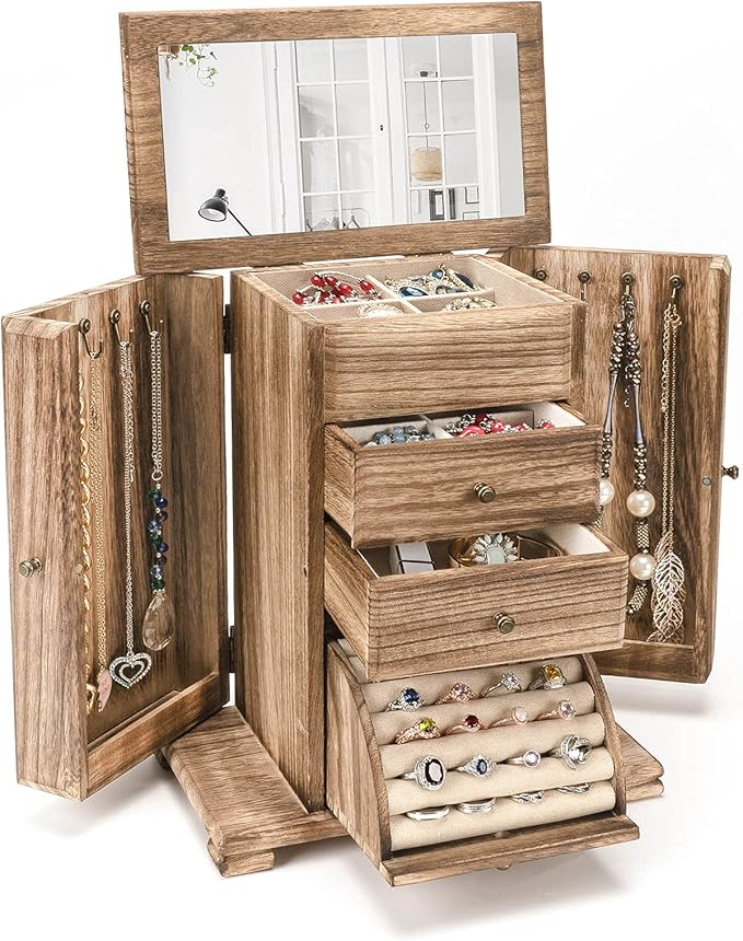 Emfogo Jewelry Box for Women, Rustic Wooden Jewelry Boxes & Organizers with Mirror, 4 Layer Jewelry Organizer Box Display ...