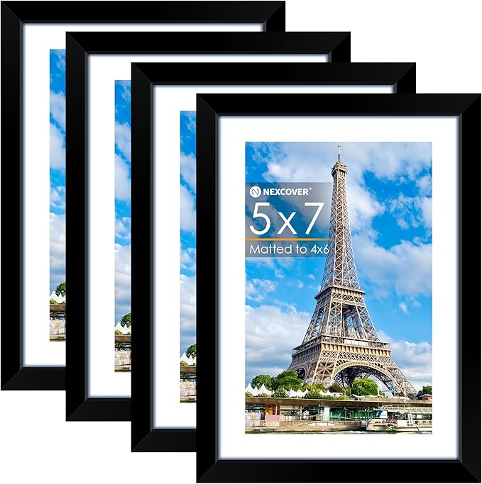 NEXCOVER 5x7 Picture Frames 4PK, Black 5 x 7 Photo Frame with Shatterproof HD Plexiglass, Picture Frames for Photos 4x6 wi...