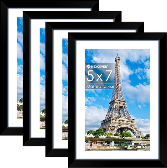 NEXCOVER 5x7 Picture Frames 4PK, Black 5 x 7 Photo Frame with Shatterproof HD Plexiglass, Picture Frames for Photos 4x6 wi...