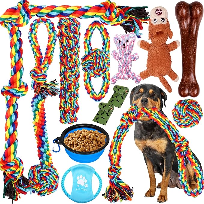 XLMYS Dog Toys for Aggressive Chewers 13 Pack，Indestructible Tug of War Toys for Small, Medium, Large Dog Breeds, Teeth Cl...
