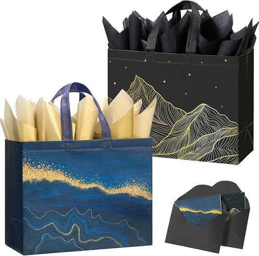STYPOP 13" Large Gift Bags with Tissue Paper, 2 Pack Reusable Non-woven Happy Birthday Gift Bag with Handles, Perfect Gift...