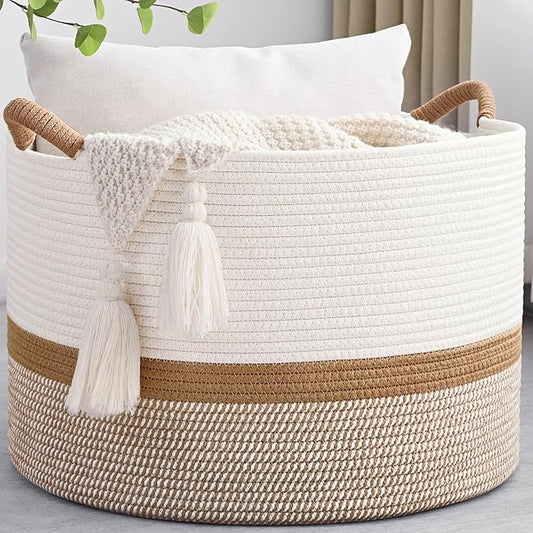 Degeyoyo 67L Large Blanket Basket, 20"x13" Woven Storage Baskets With Handle, Cotton Rope Blanket Basket Living Room, Baby...