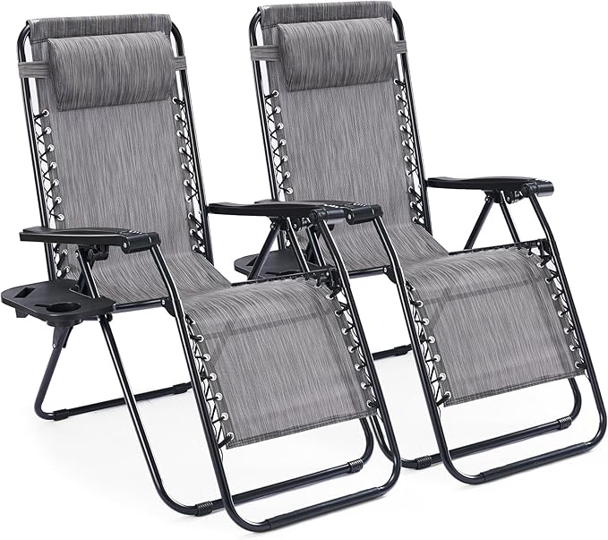 Sweetcrispy Zero Gravity Chairs, Set of 2 Portable Recliner Beach Camping Patio Outdoor Folding Lounge Chair with Cup Hold...