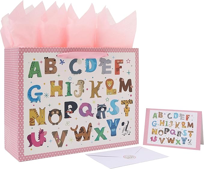 Qirrmiy 13'' Large Baby Girl Gift Bag Set with Handles, Greeting Card, Pink Tissue Papers and Stickers for Baby Girls Kids...