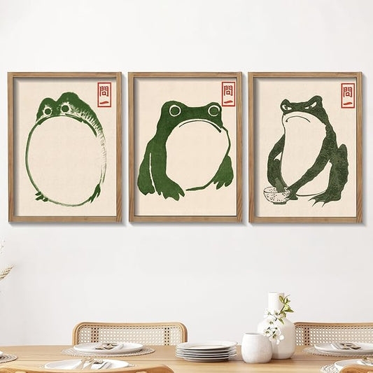 Houmury Set of 3 Framed Japanese Frog Wall Art Decor Vintage Wall Signs Cute Minimalist Decors
