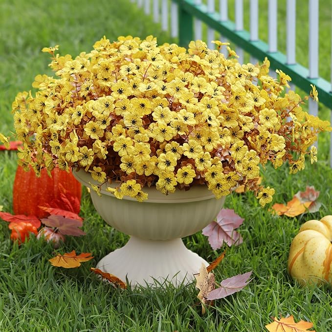 katflyee 12 Bundles Artificial Mums for Outdoors, Fall Fake Flowers Outside UV Resistant, Faux Fall Mums Flowers for Outdo...