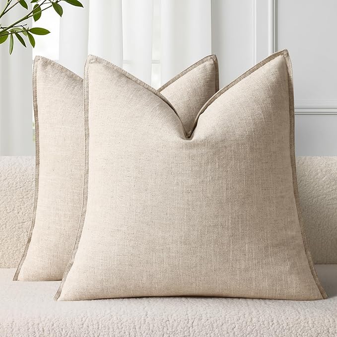 decorUhome Summer Decorative Linen Throw Pillow Covers 20x20 Inch Set of 2 Natural Beige Pillow Covers with Flange Edges S...