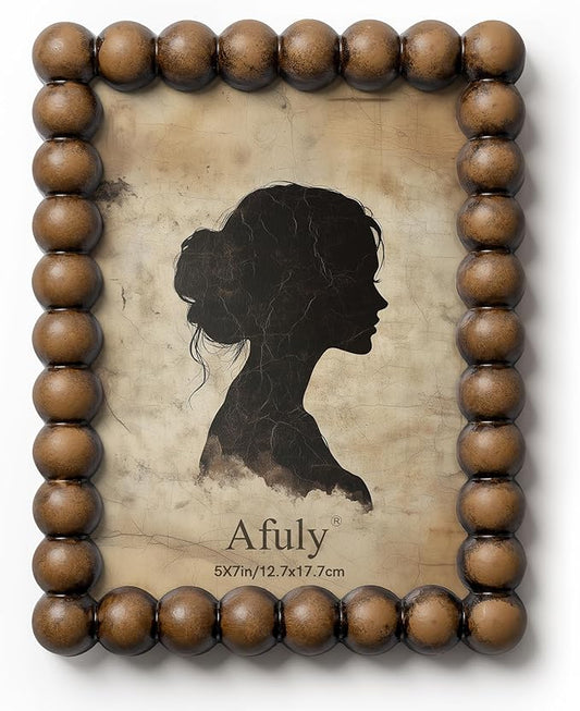 Afuly 5x7 Picture Frame Vintage Wood Beaded Rustic Dark Brown Home Decor Photo Display Antique Retro Desk Standing Wall Ha...