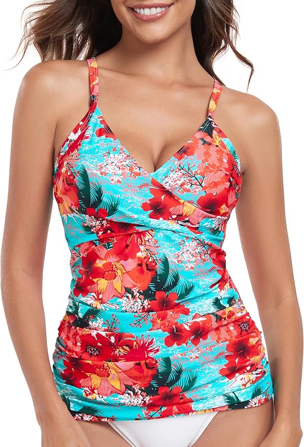 RELELCIGA Women’s Tankini Top V Neck Ruched Tummy Control Bathing Suit Top