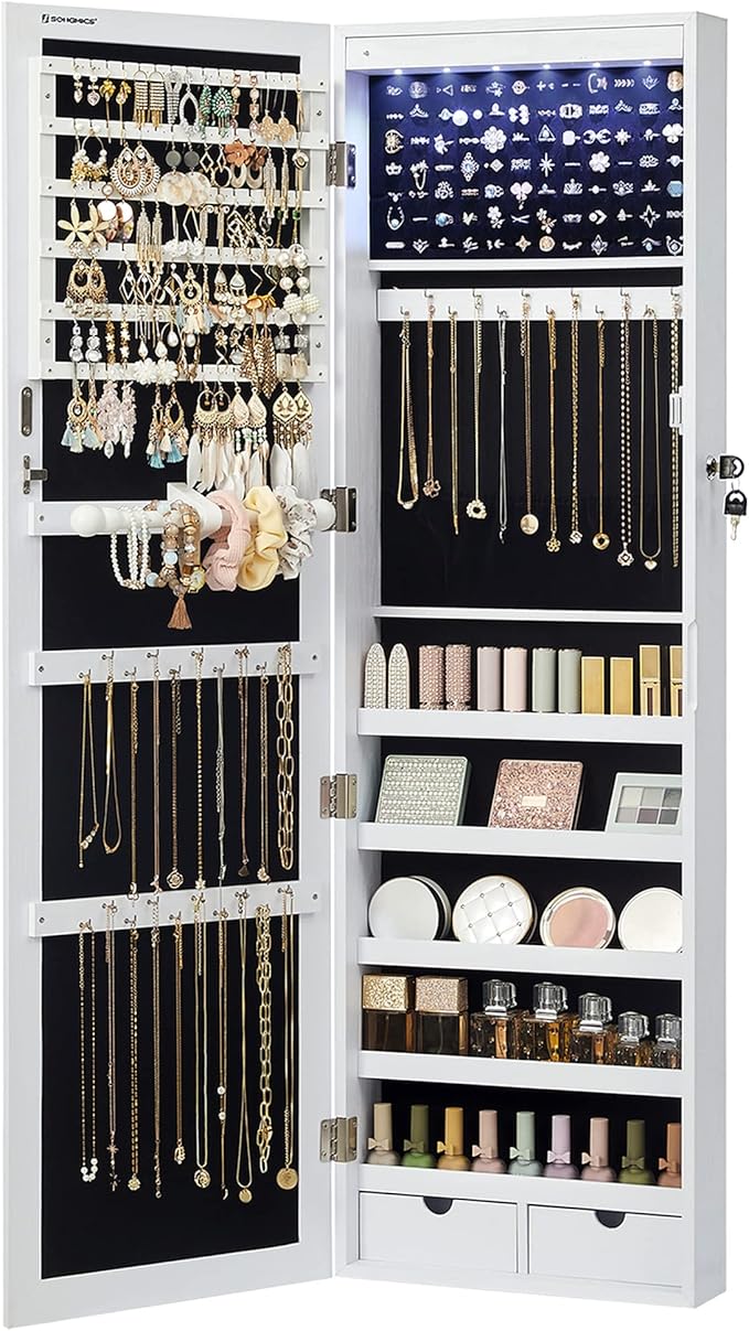 SONGMICS 6 LEDs Mirror Jewelry Cabinet, 47.2-Inch Tall Lockable Wall or Door Mounted Jewelry Armoire Organizer with Mirro...