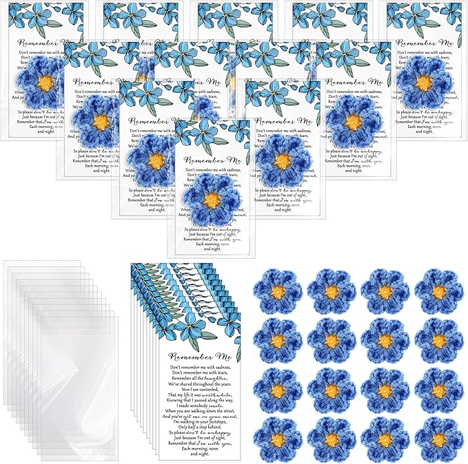 Giegxin 30 Sets Forget Me Not Gifts Bulk Crochet Flowers with Cards Remember Me Funeral Memorial Favor Loss of Loved One C...