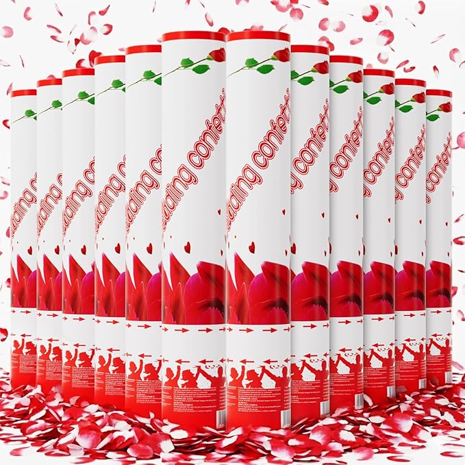 Rose Petal Confetti Cannon 12 Pack, 12" Biodegradable Red Flower Petal Party Poppers for Wedding Aisle, Proposal, Engageme...