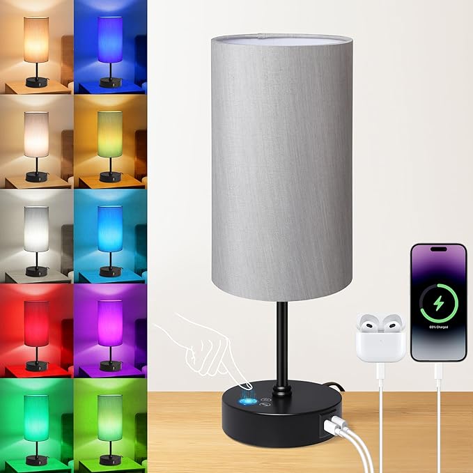 Unicozin Table Lamp for Bedroom, 3 Color Temperatures, 7 RGB Colors, Adjustable Brightness, Dual USB Charging Ports, Ambie...