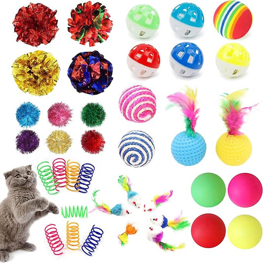 POSAPET Cat Toys Assortment - Interactive Kitten Toy Bundle with Sparkle Pom Pom Balls, Crinkle Balls & Spring Toys for In...