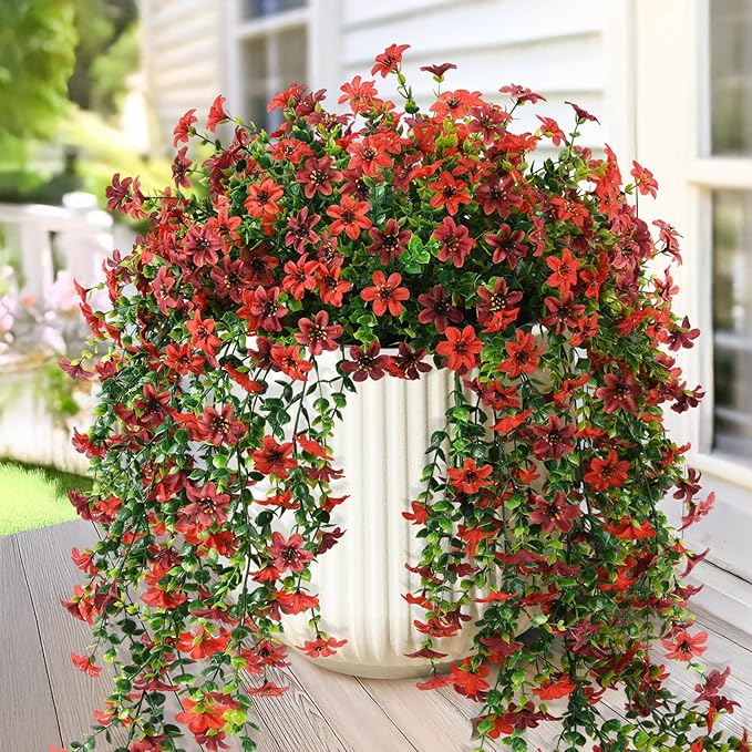 Artificial Fake Hanging Flowers Plants for Outdoor Spring Summer Decoration,2 PCS Faux Silk Daisy with Eucalyptus Leaves,U...