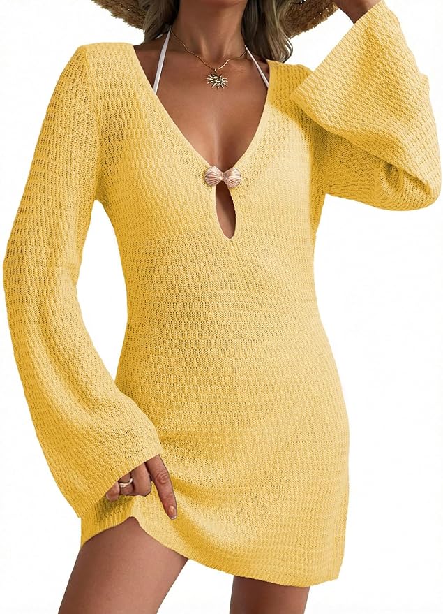 Dokotoo Beach Cover Ups for Women Sexy Deep V Neck Crochet Swimsuit Knit Hollow Out Cover Up Dress Summer Vacation