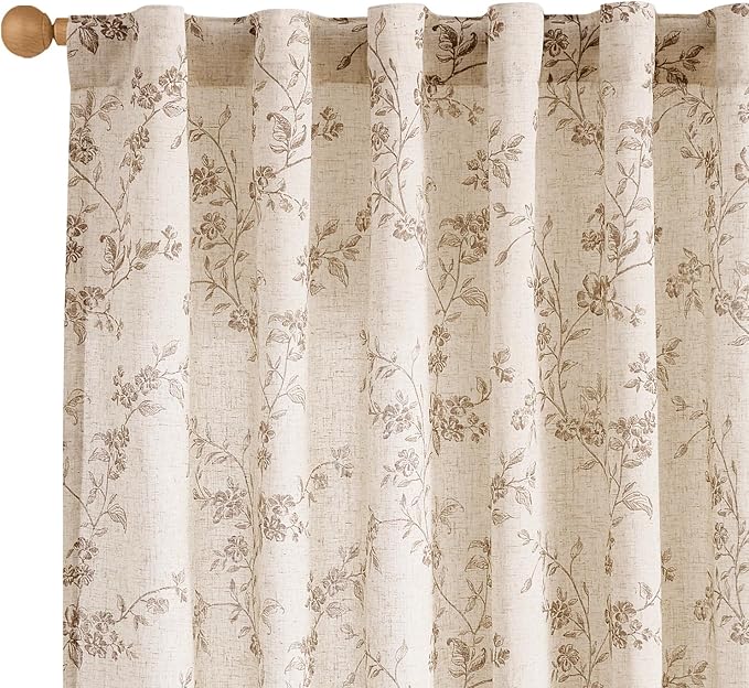 Lazzzy Taupe Floral Linen Curtains 84 Inch Farmhouse Curtain Back Tab Drapes for Living Room Bedroom Light Filtering Vinta...