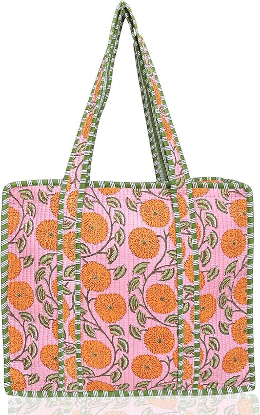 Third Eye Export 100% Cotton Quilted Tote Bag For Women 18x16– Large Zipper Reusable Beach Bag & Travel Bag Purse