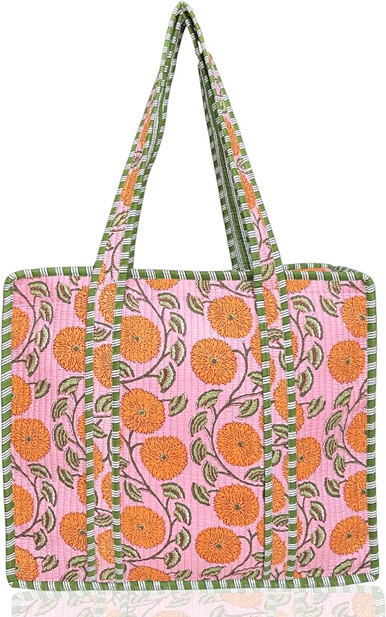 Third Eye Export 100% Cotton Quilted Tote Bag For Women 18x16– Large Zipper Reusable Beach Bag & Travel Bag Purse